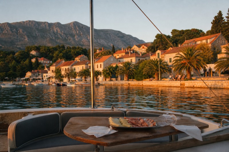 A small cruise boat anchored off Cavtat, Croatia, at sunset, palm-lined waterfront glowing orange behind, a cold platter of cheese and pršut on the stern table