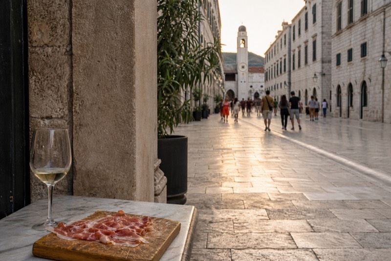Evening light warming the polished limestone of Stradun in Dubrovnik, Croatia, a small tasting stop outside a stone archway, cut prosciutto on a scuffed wooden board