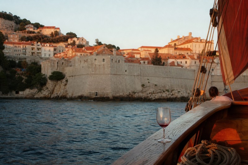 A timber karaka sailing ship with red sails drifts past Dubrovnik's limestone walls at summer sunset, golden light raking the terracotta rooftops