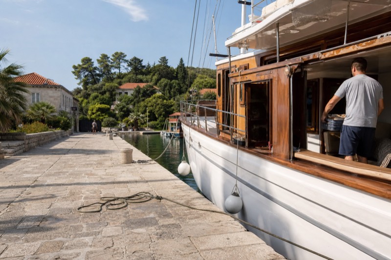 Late July morning at Lopud in Croatia, the cruise boat moored at the stone quay of a car-free Elaphiti island, terracotta roofs behind pine trees