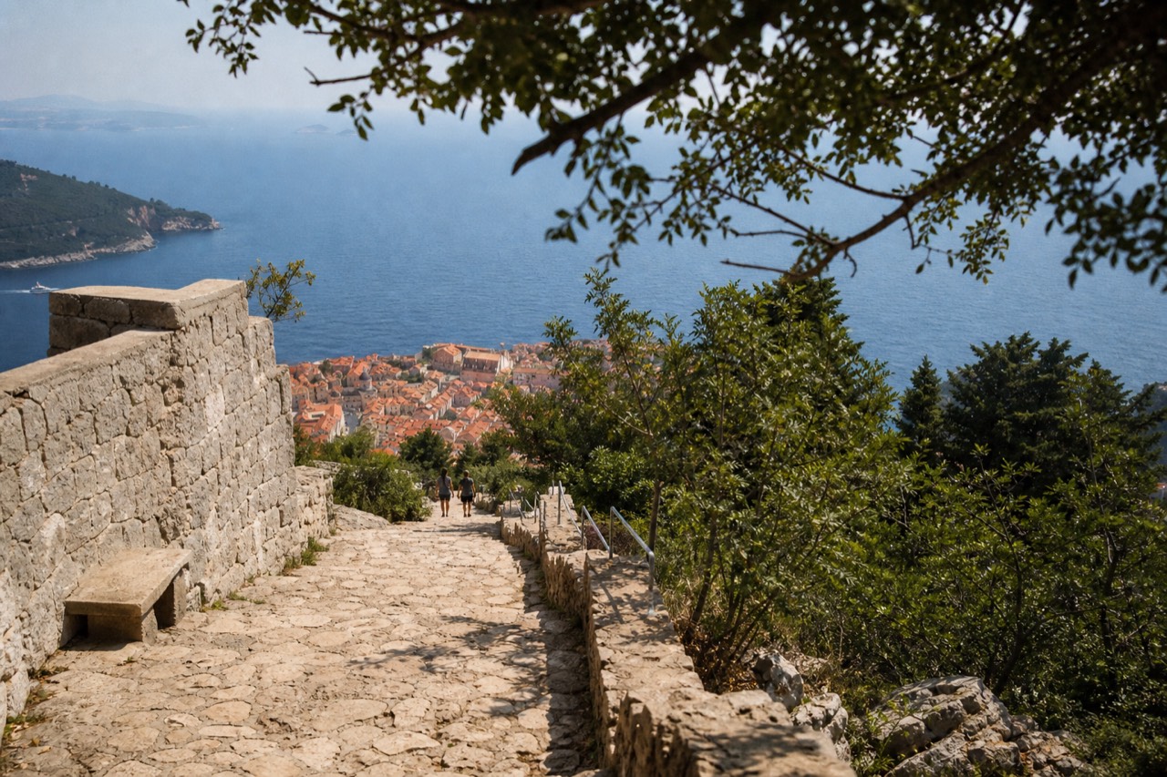 The stone path descending the slope of Mount Srd toward the red roofs of Dubrovnik Old Town and the Adriatic sea