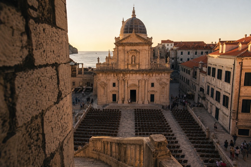 A stone church facade above a plaza filled with rows of seating