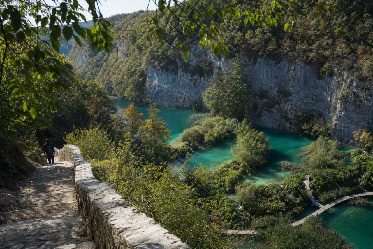 Turquoise lakes and wooden footpaths winding through a forested canyon