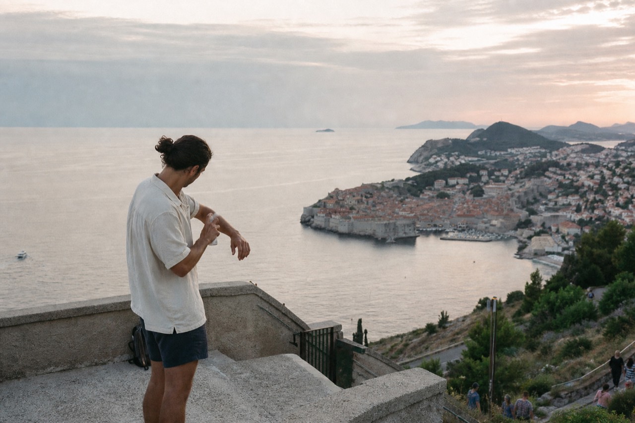A traveller applying insect repellent on a Dubrovnik terrace overlooking the Adriatic at dusk