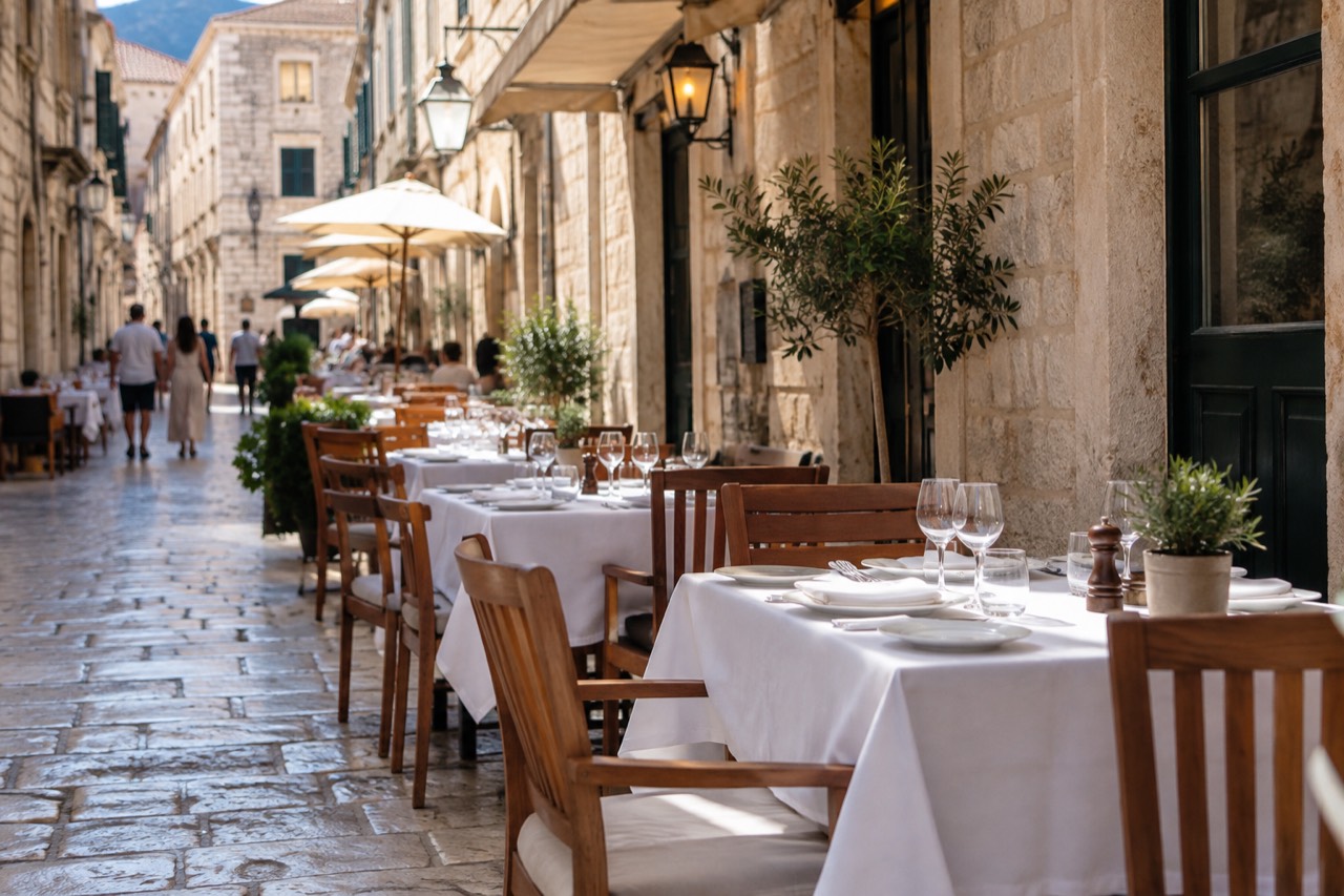 Outdoor restaurant tables with white tablecloths along a limestone street inside the walled Old Town of Dubrovnik