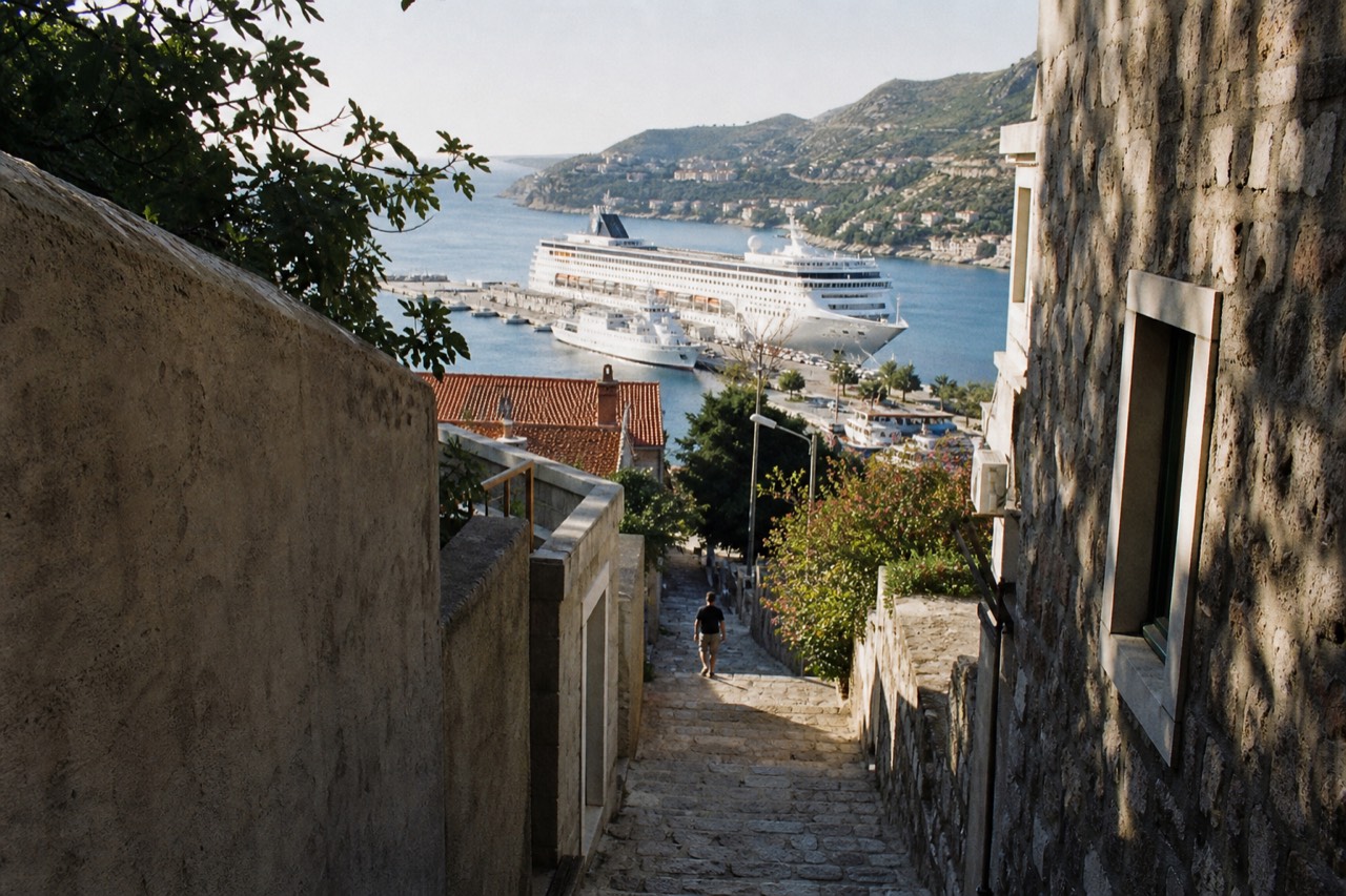 Cruise ship docked at the Gruž harbour with Dubrovnik's coastline in the background