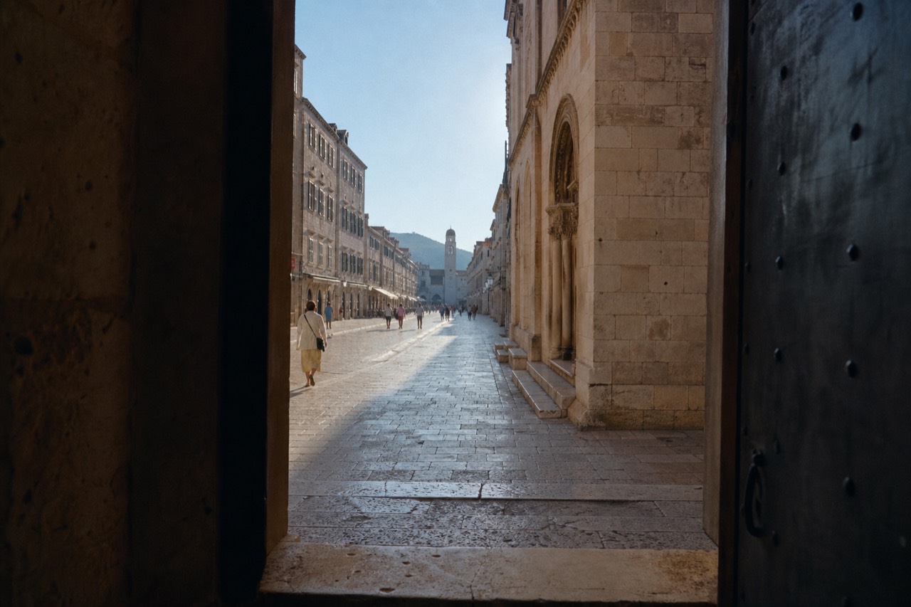 Stradun main street with limestone paving and pedestrians in the morning light