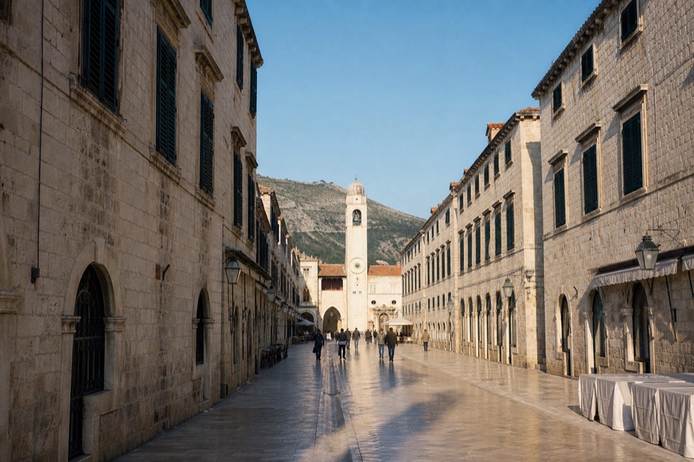 The limestone Stradun street stretching toward the clock tower in Dubrovnik Old Town