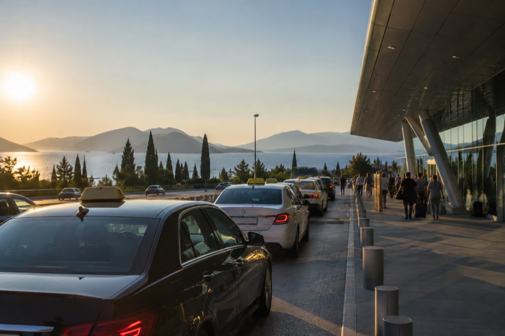 The arrivals forecourt at Dubrovnik Airport with taxis lined up at the rank