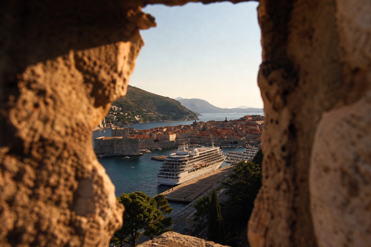 A cruise ship docked at the Dubrovnik port with the walled Old Town rising on the horizon