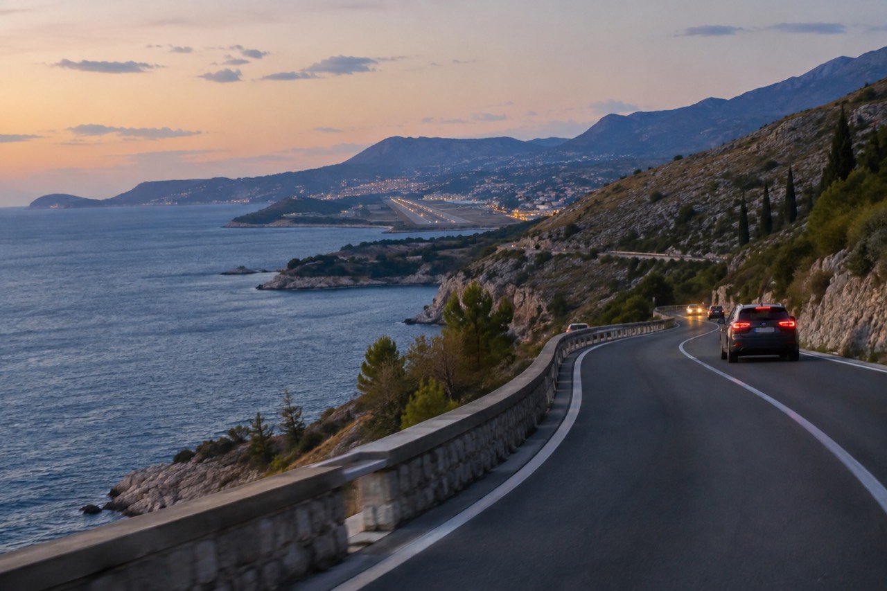 A road winding along the Adriatic coast toward Dubrovnik Airport with dry hills and blue sea