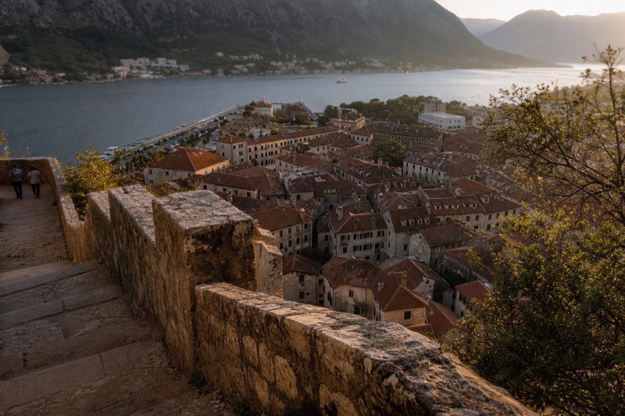 The walled bay town of Kotor in Montenegro seen from the heights above the rooftops