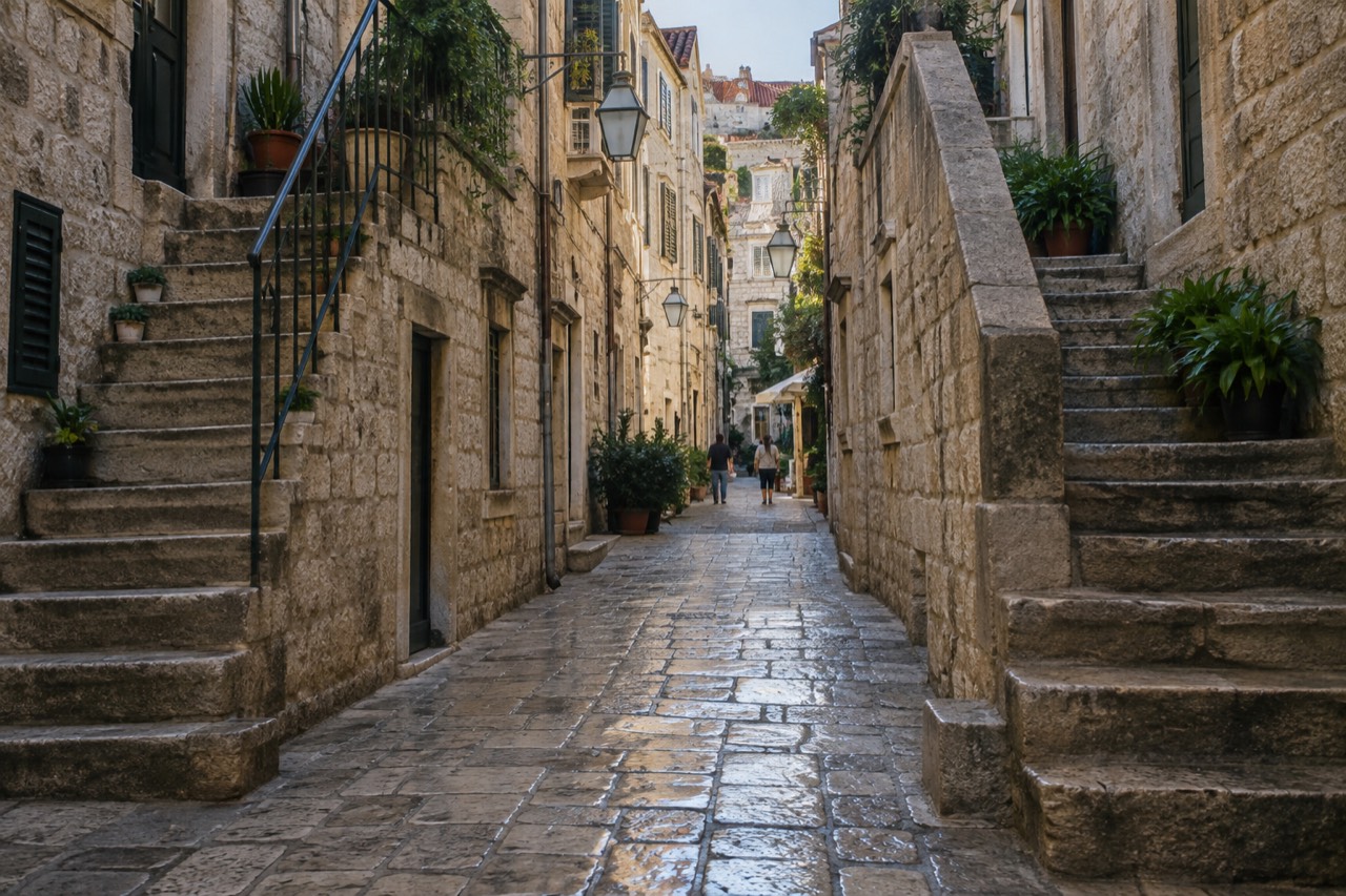 Sunlit limestone street in Dubrovnik Old Town with stone staircases rising on both sides