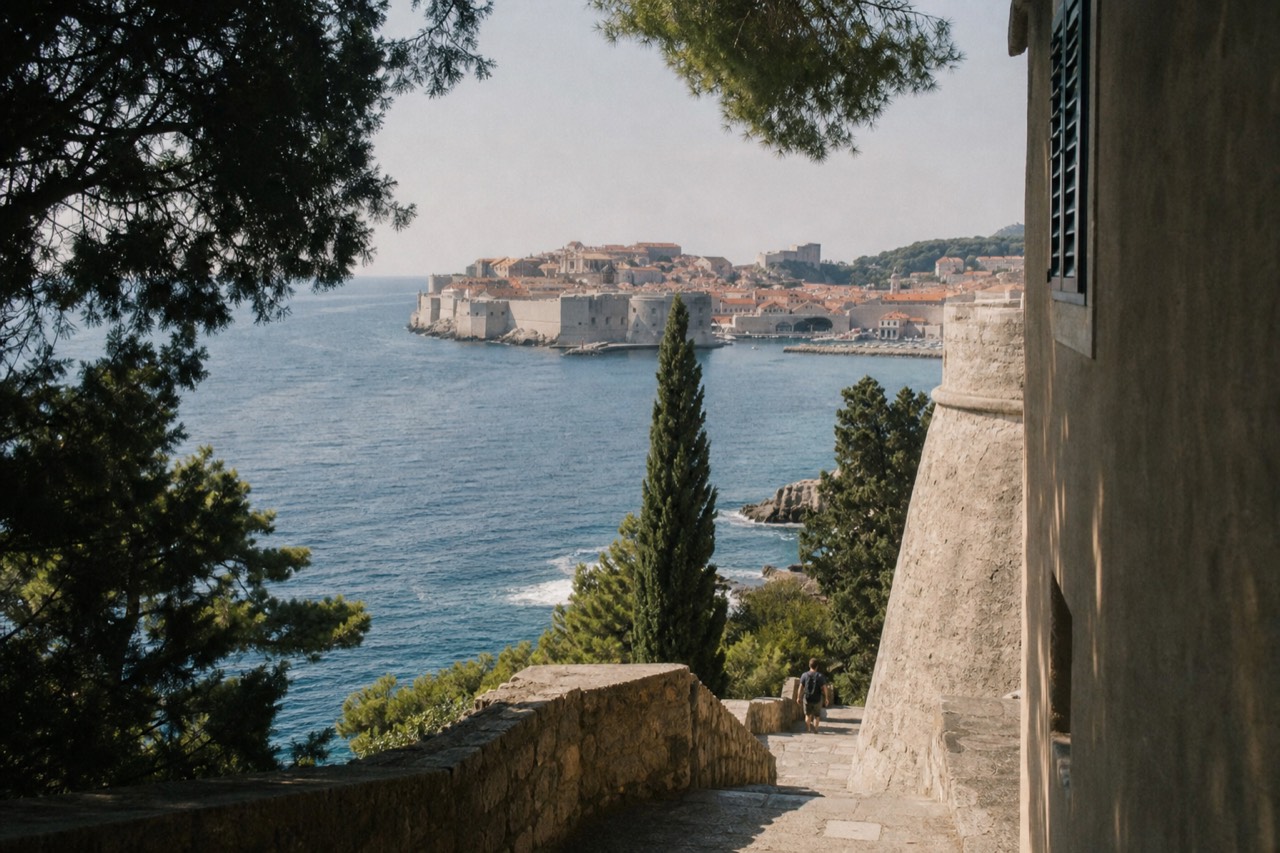 The walled Old Town of Dubrovnik seen from the Adriatic sea on a bright morning