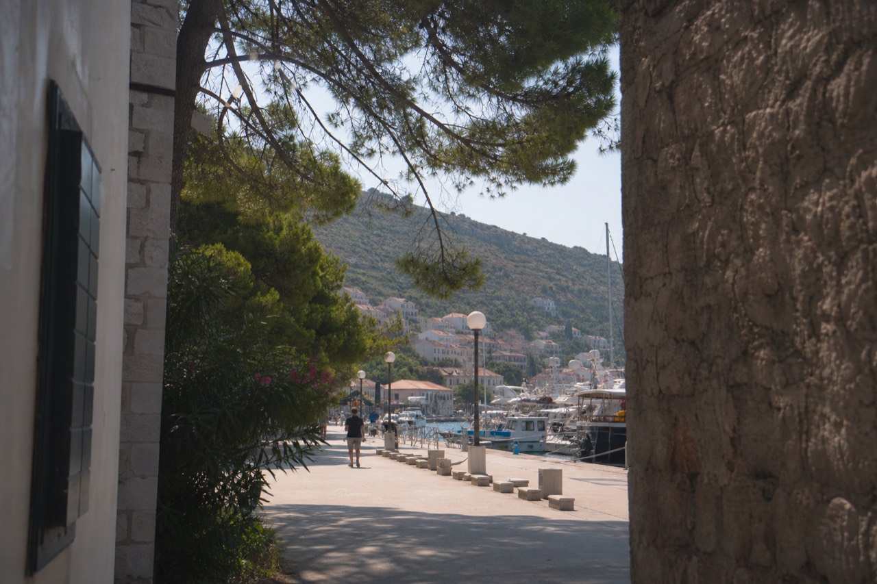 Harbour waterfront with boats moored along a wide promenade and hills rising behind the town