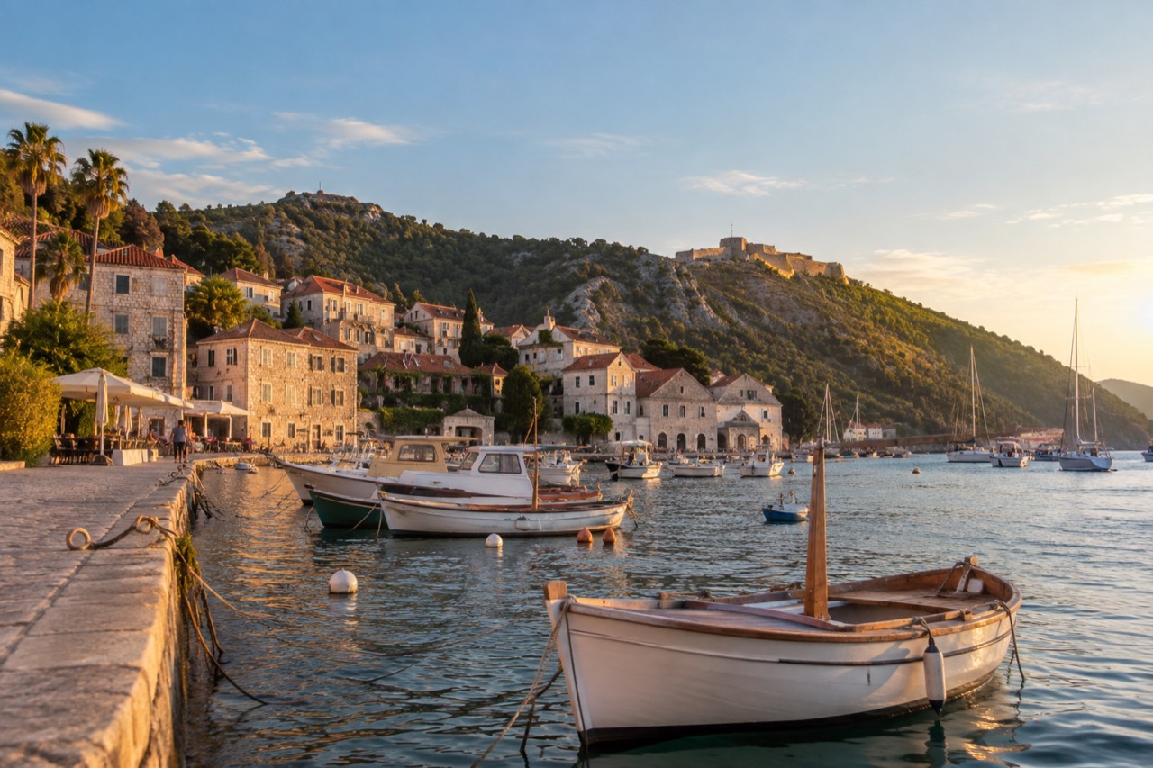 Wooden boats moored in a small harbour with stone buildings and hills behind