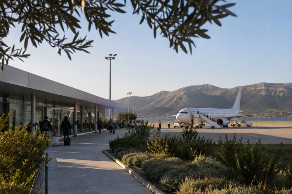 A small airport terminal building on a coastal plain with dry mountains behind it