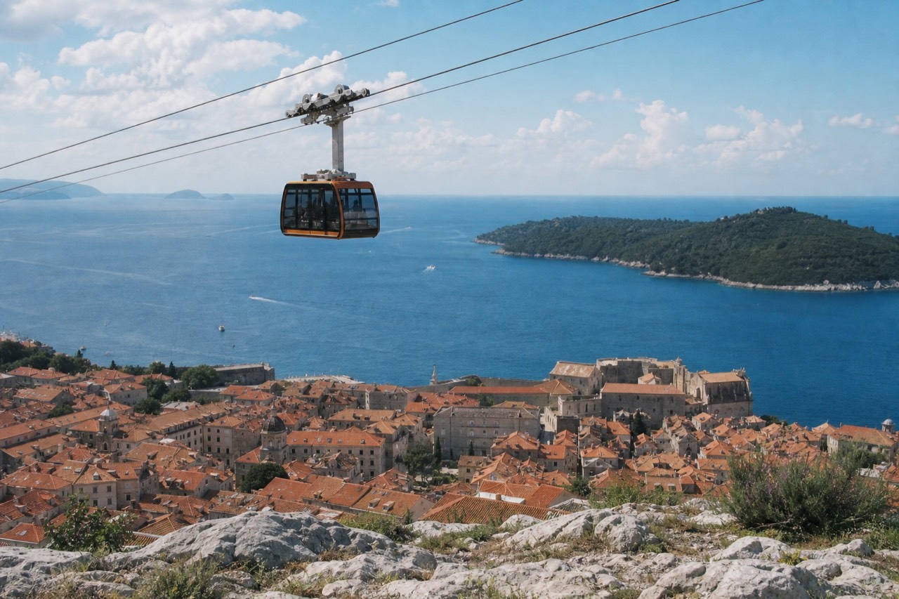 The Dubrovnik Cable Car cabin ascending above the terracotta rooftops of the Old Town with the Adriatic Sea and Lokrum Island in the distance.