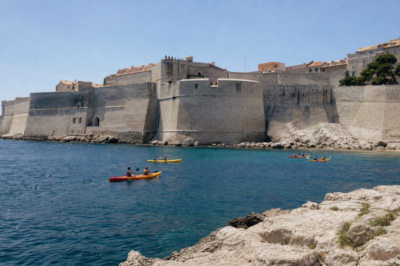 Sea kayaks floating on calm turquoise water below the stone walls of Dubrovnik