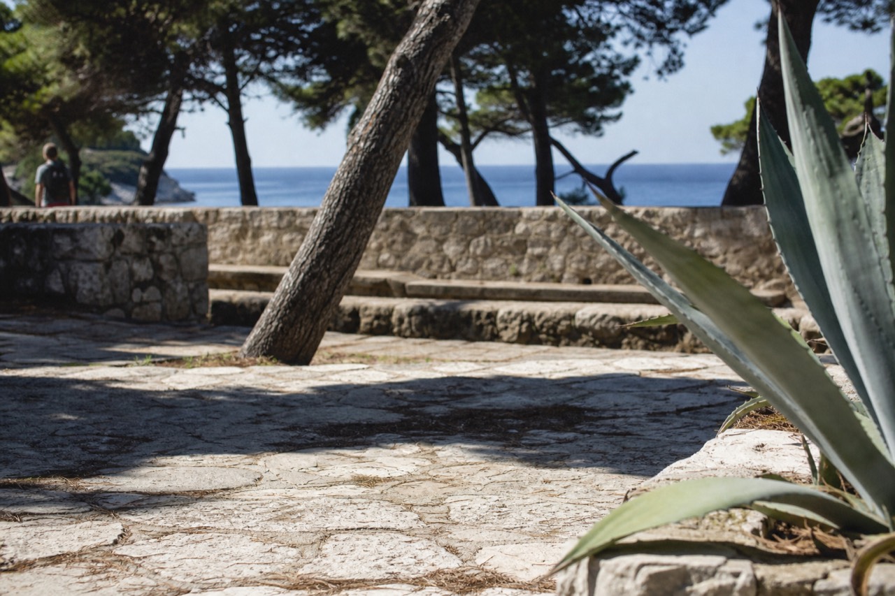 A stone terrace by the water on Lokrum island with pine trees and the Adriatic sea beyond
