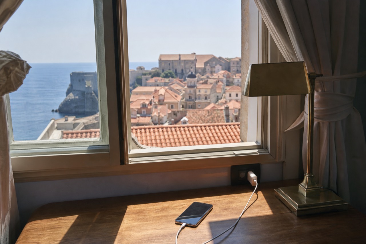 A hotel room desk in Dubrovnik with a phone charging beside a window overlooking terracotta rooftops