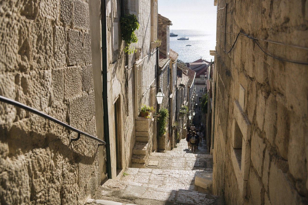 A narrow stone staircase climbing between tall old buildings in Dubrovnik's walled town