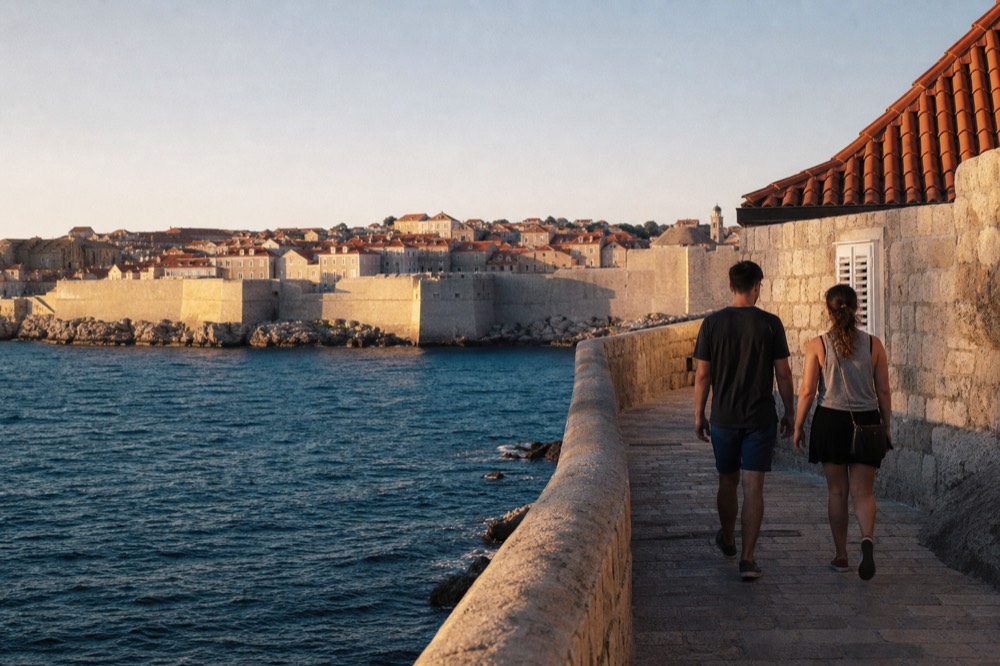 A couple walking along the ancient Dubrovnik city walls with the Old Town and the Adriatic Sea in the background