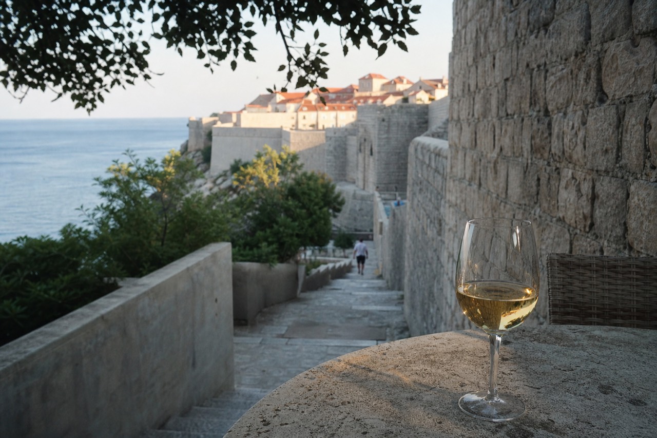 A glass of white wine on a stone table beside the Dubrovnik city walls at golden hour