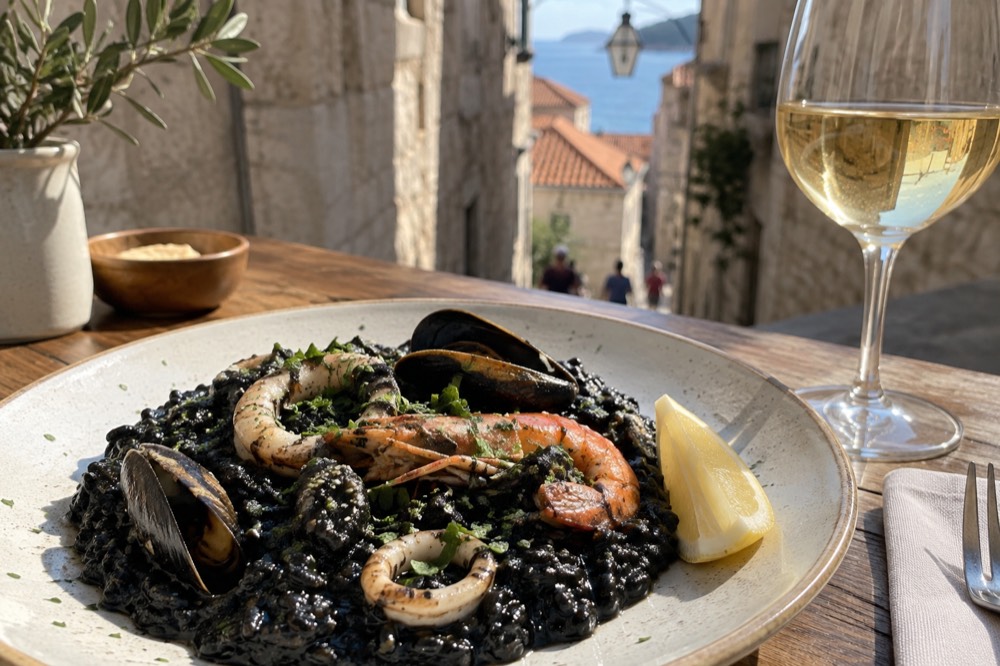 A plate of black risotto with seafood on a wooden table with a glass of white wine