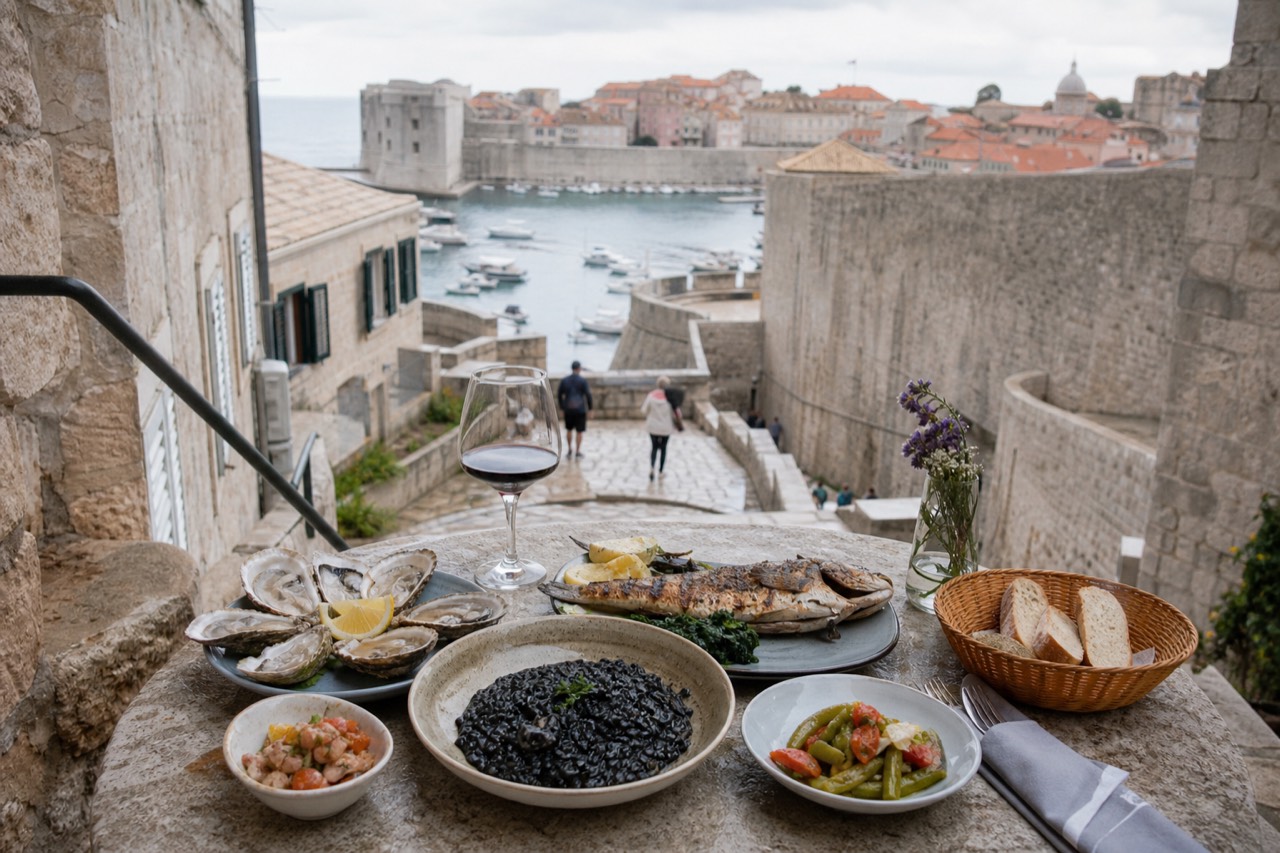A spread of traditional Dubrovnik dishes on a stone table, including fresh oysters, grilled fish, black risotto, and a glass of red wine, with the Old Town walls in the background.