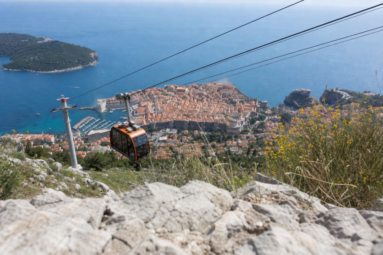 Cable car cabins on the line between Dubrovnik Old Town and Mount Srd above the Adriatic