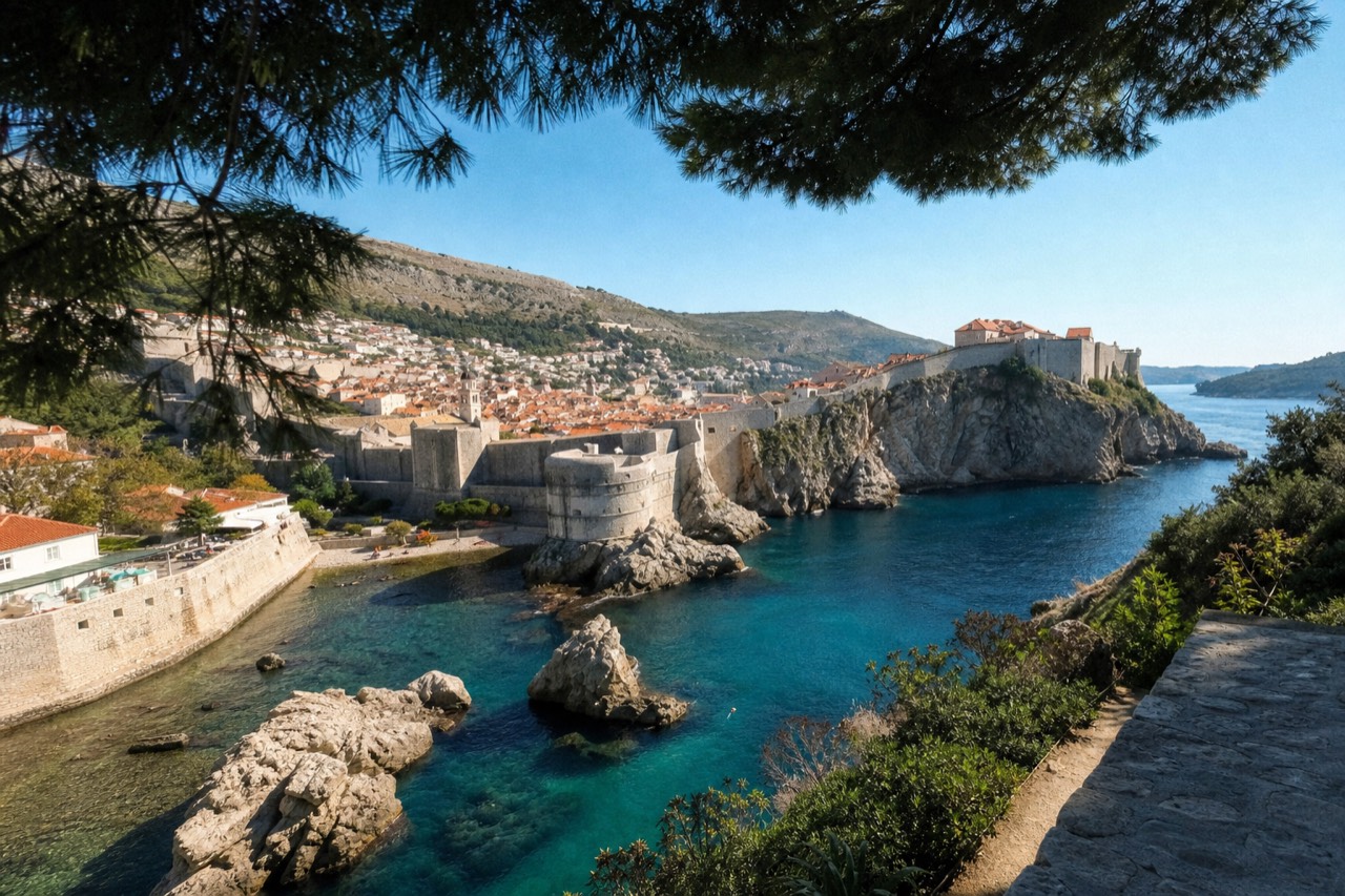 Panoramic view of Dubrovnik Old Town and the Adriatic Sea under a clear sky.