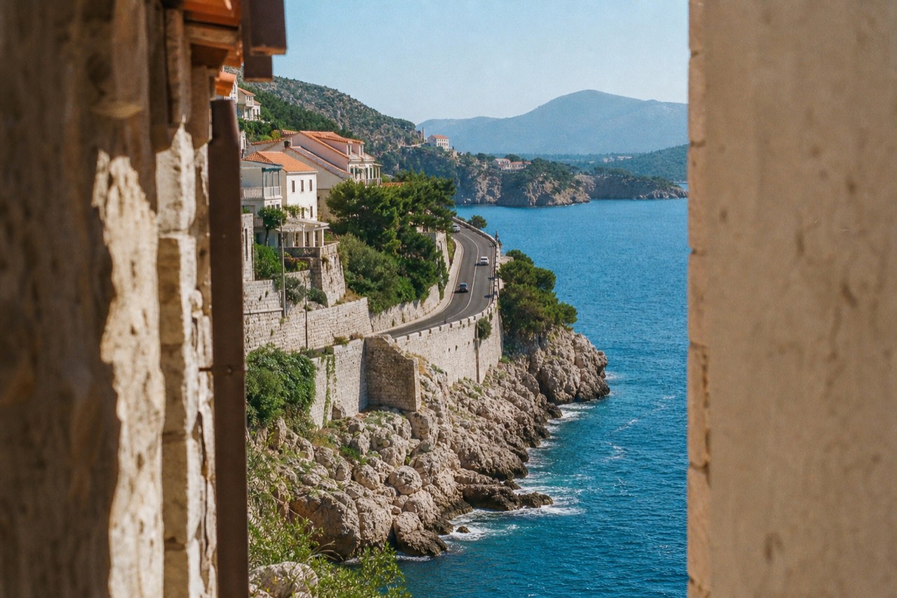 A coastal road winding along cliffs above the blue Adriatic Sea near Dubrovnik
