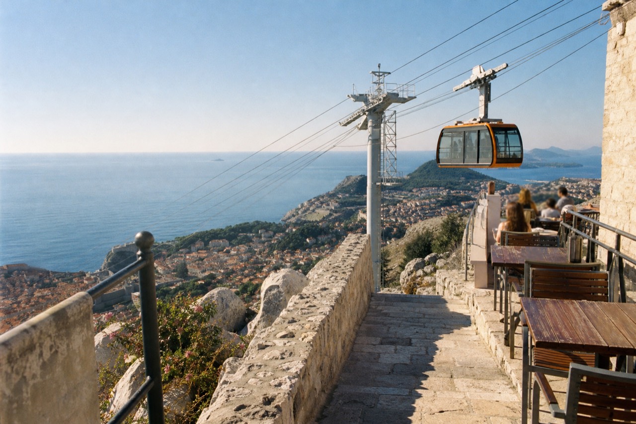 Terrace tables overlooking the red rooftops and sea below the upper cable car station on a mountainside