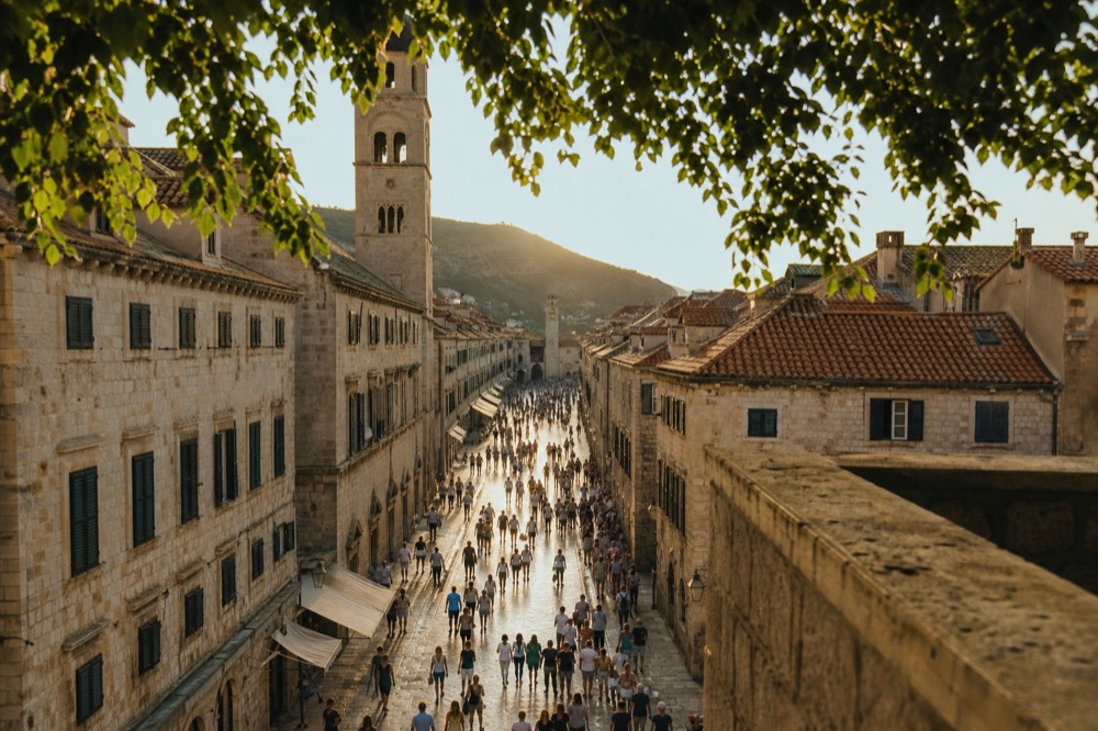 Crowded Placa (Stradun) in Dubrovnik's Old Town with tourists walking along the limestone-paved main street