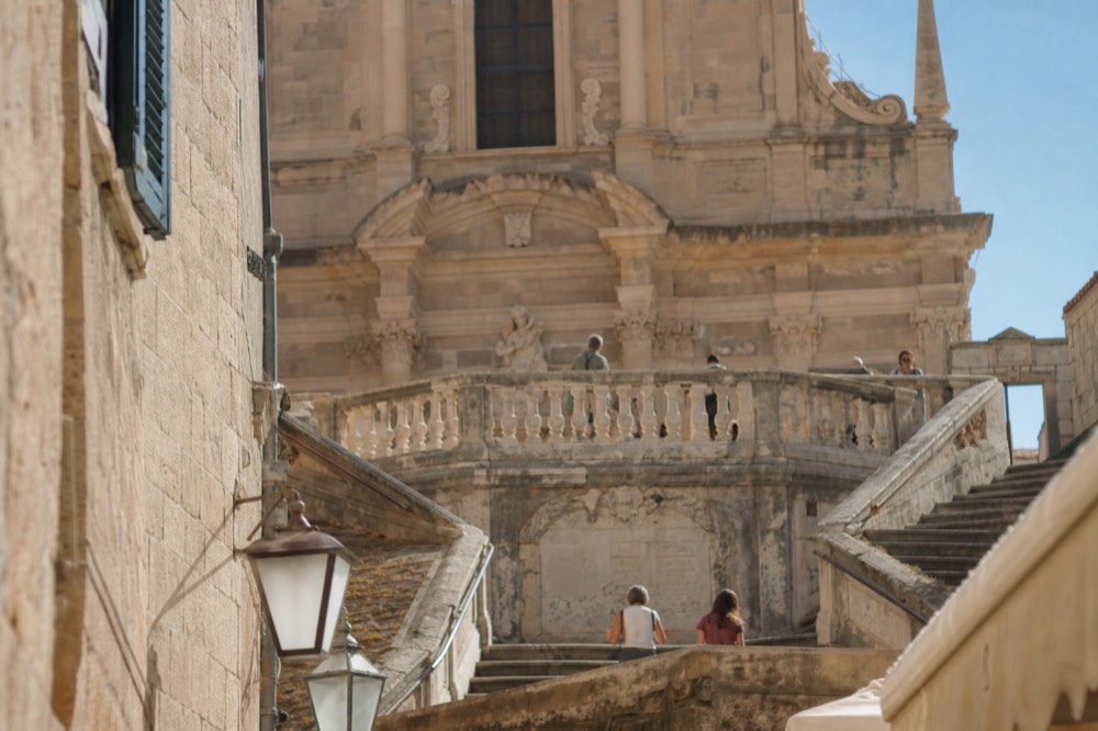 Looking up the Jesuit Stairs toward the Church of St. Ignatius, showing the double staircase and the balustrade