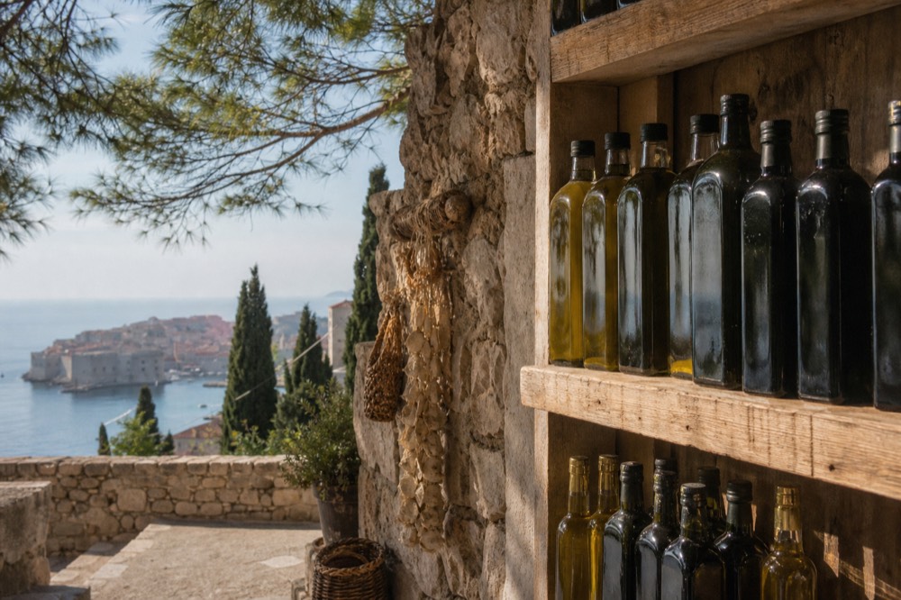 Bottles of local olive oil and wine displayed on a wooden shelf in a small stone shop