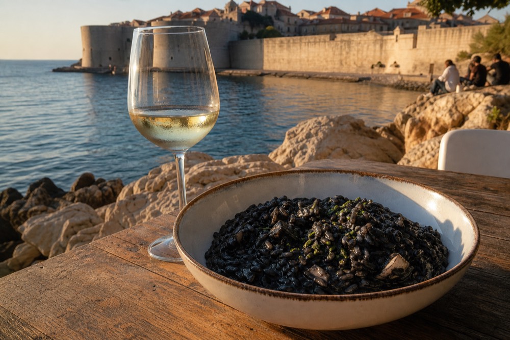 A bowl of black cuttlefish risotto beside a glass of white wine on a rustic wooden table