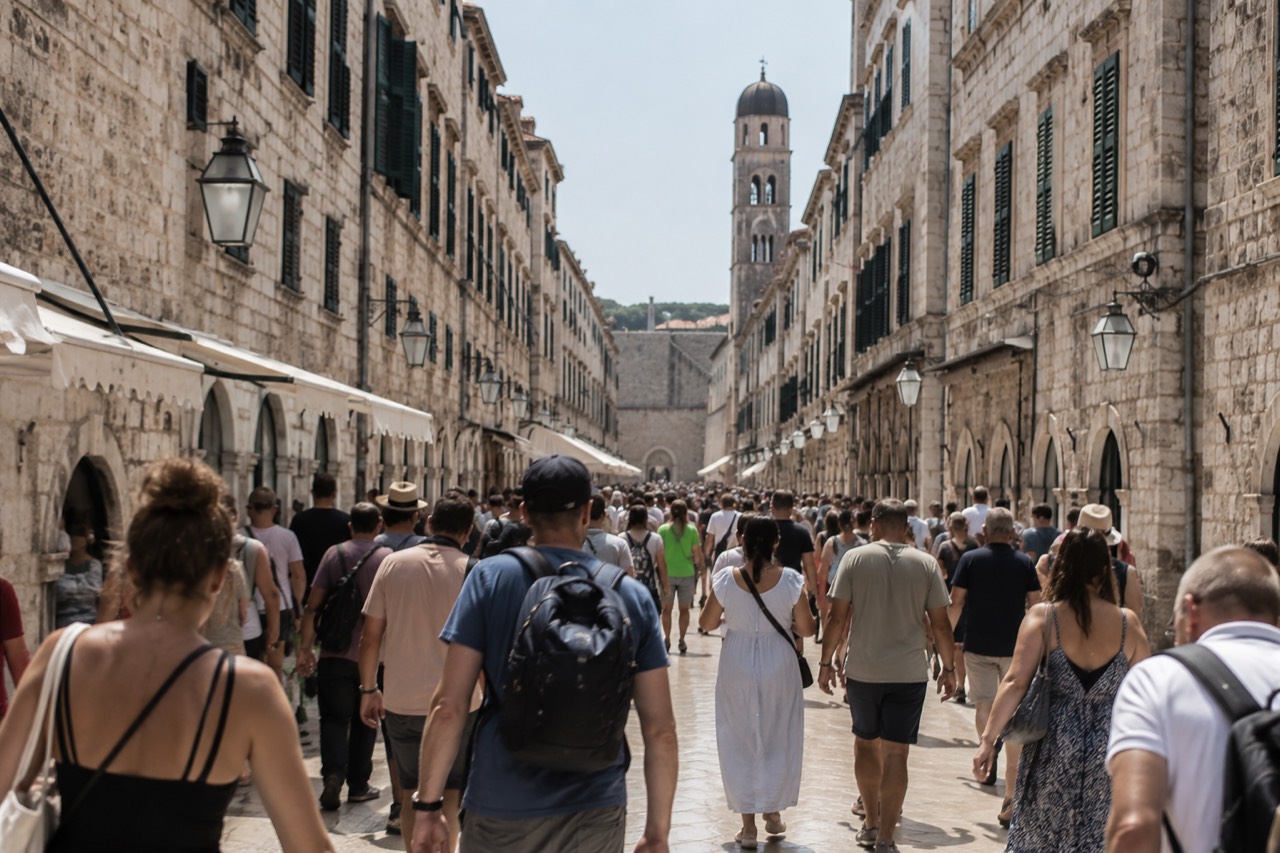 Crowded limestone street inside Dubrovnik Old Town with visitors walking between stone buildings