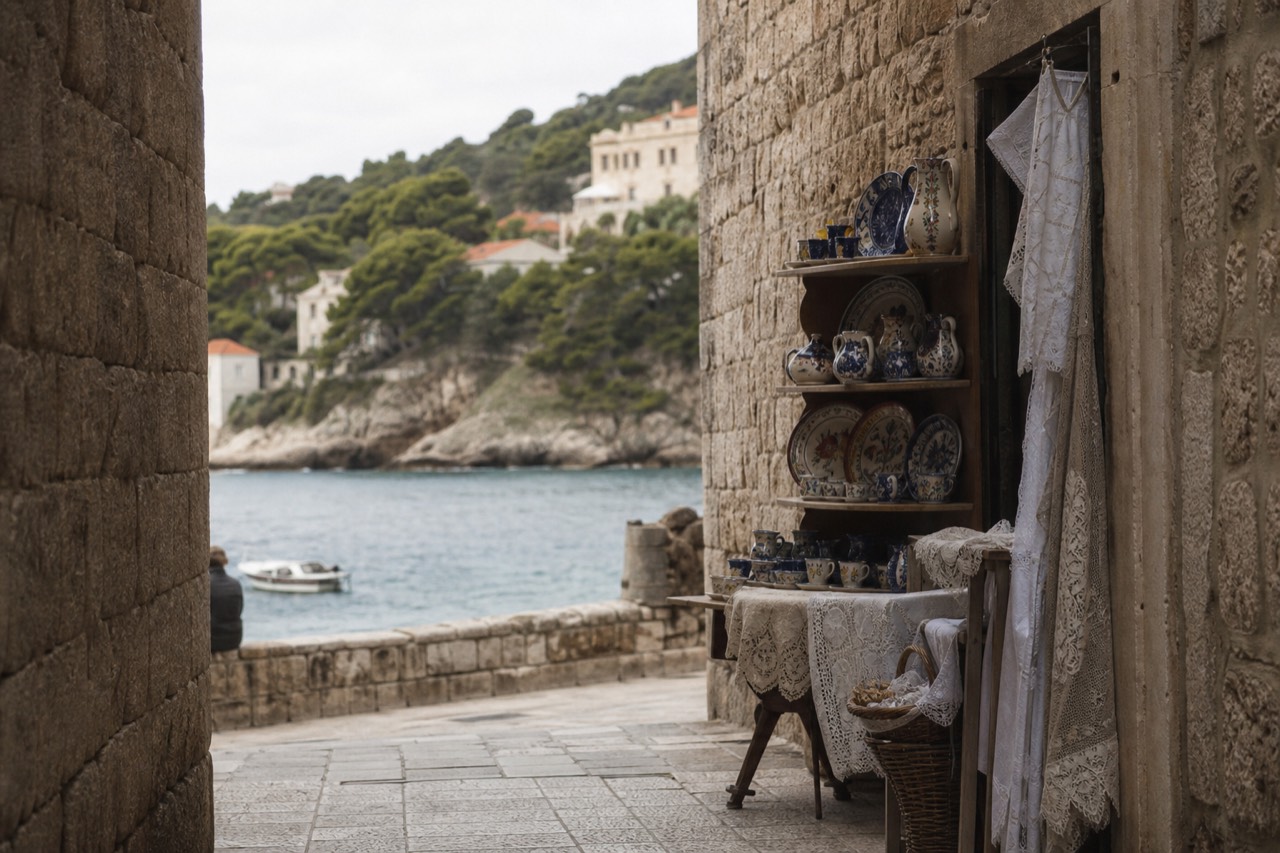 A souvenir stall of ceramics and lace beside a limestone street in Dubrovnik Old Town