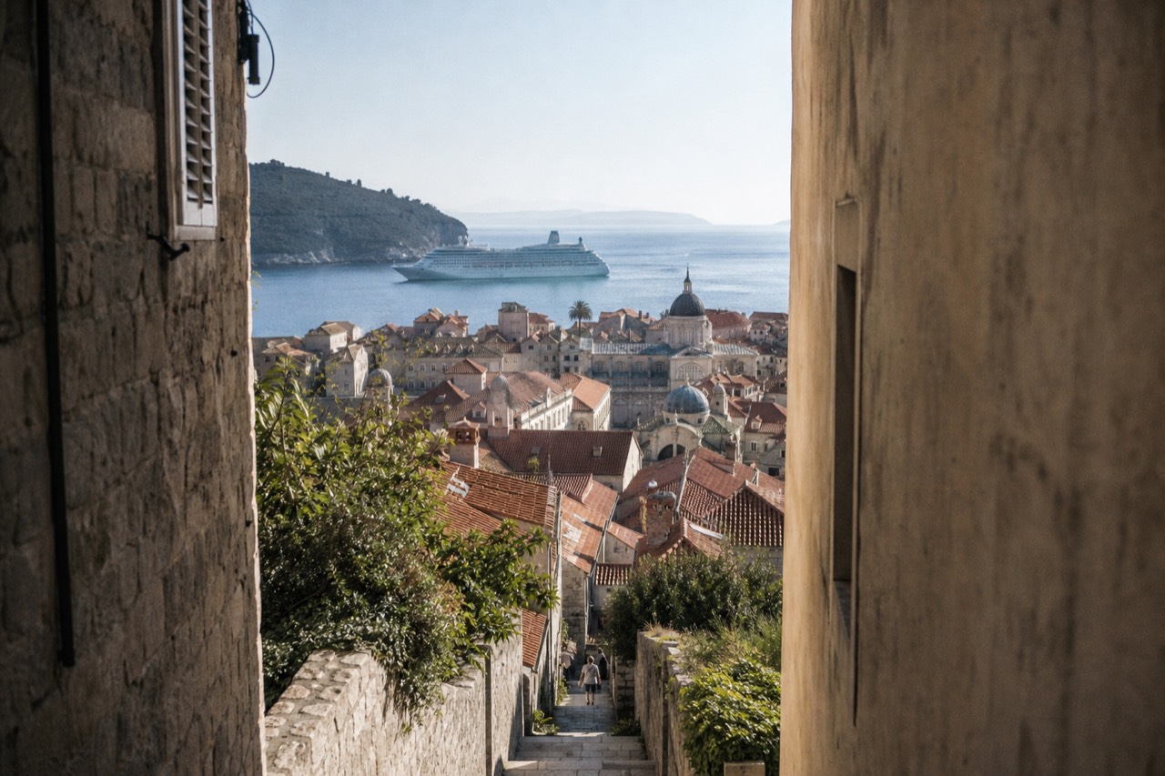 A cruise ship anchored outside the walled Old Town of Dubrovnik with terracotta rooftops and the Adriatic sea