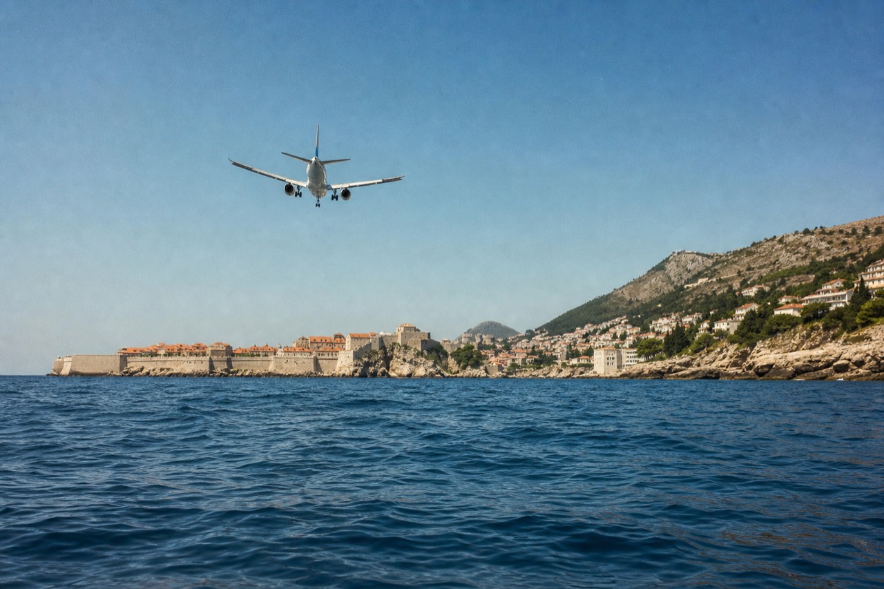 Airliner on final approach over the Adriatic coastline near Dubrovnik with the old city on a peninsula below