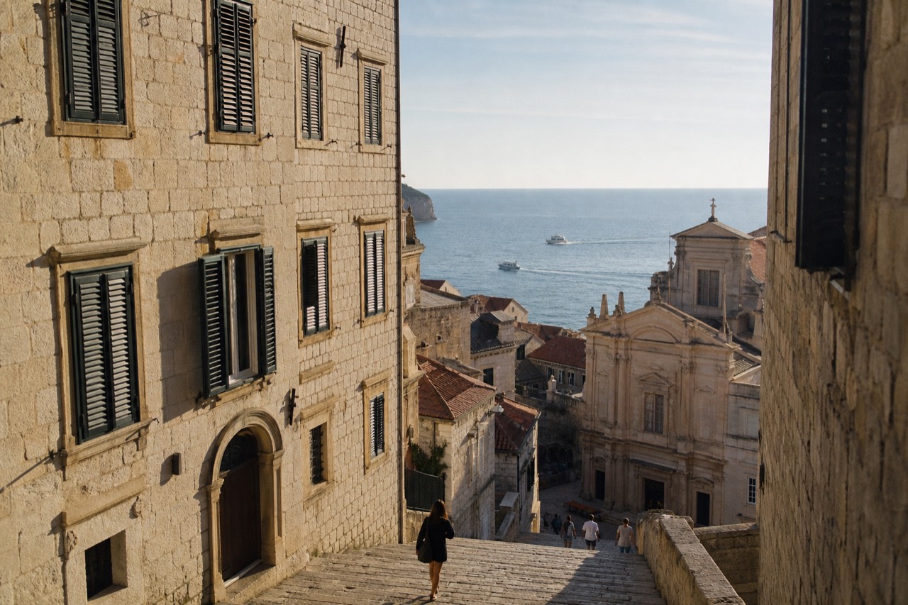 Stone staircase rising between tall baroque buildings toward a church facade in Dubrovnik Old Town