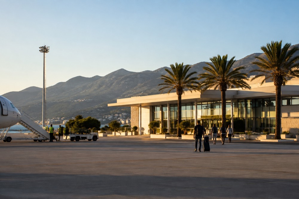A small airport terminal building with palm trees and hills in the background under a clear sky