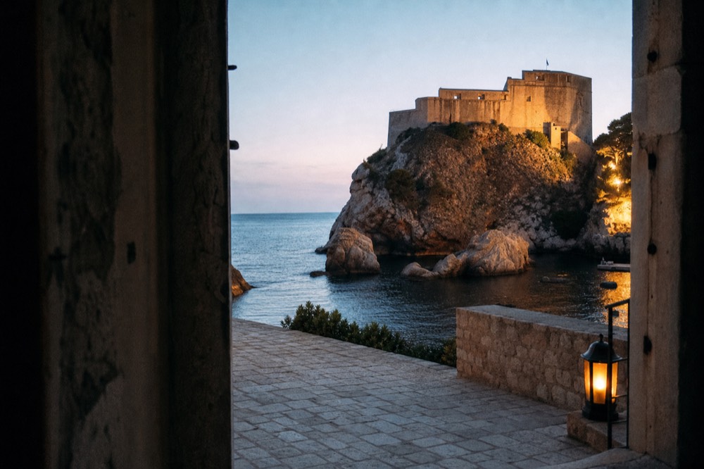 Fortress walls rising from a rocky outcrop above calm sea