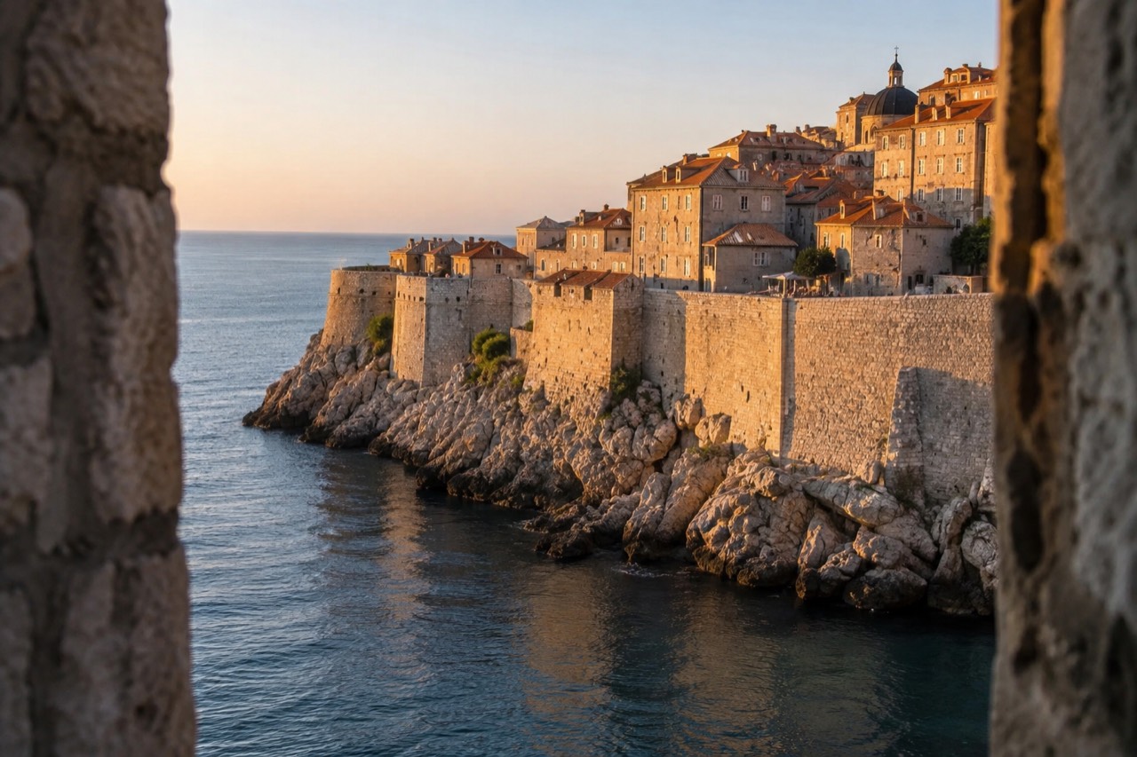 Sunlit stone buildings of a Dalmatian coastal town rising above calm blue Adriatic water