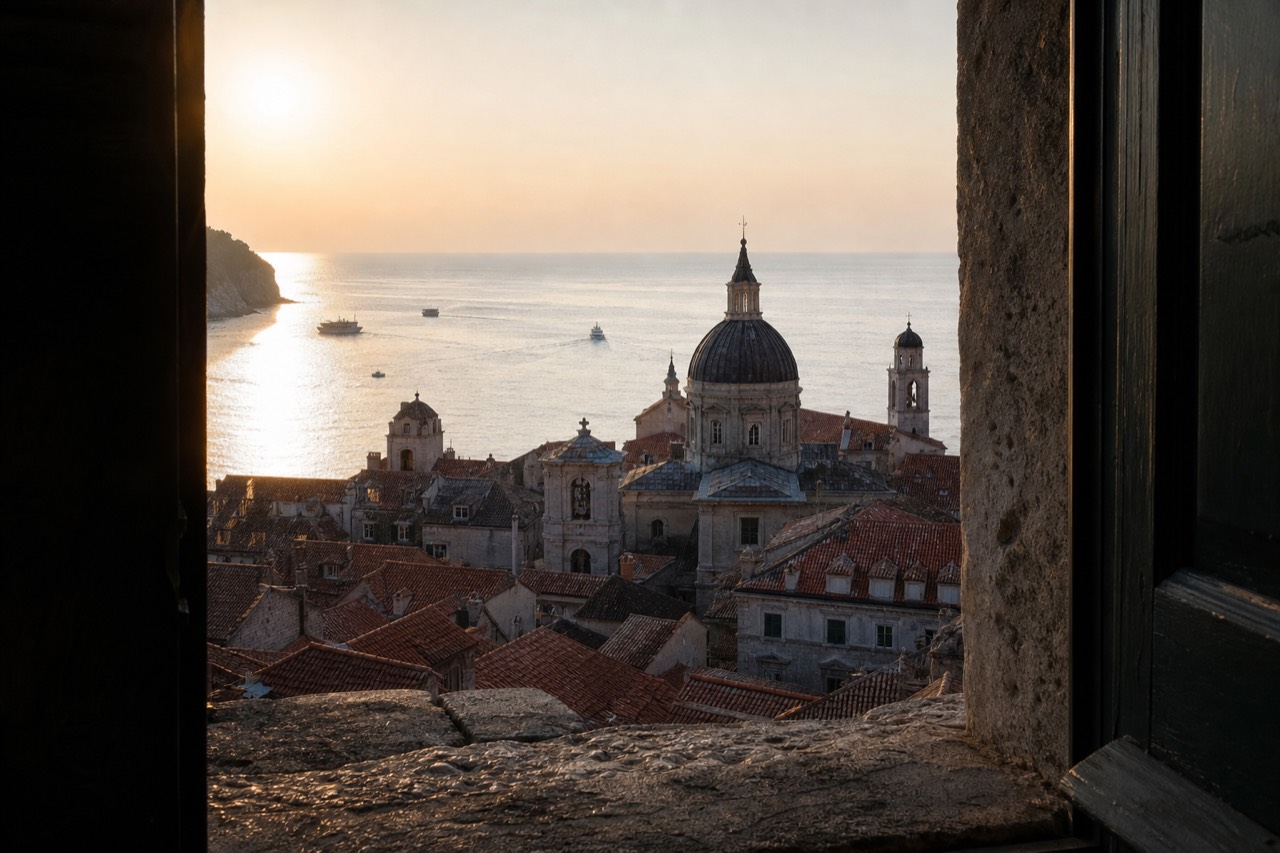 Stone rooftops and church towers of Dubrovnik Old Town seen from the city walls