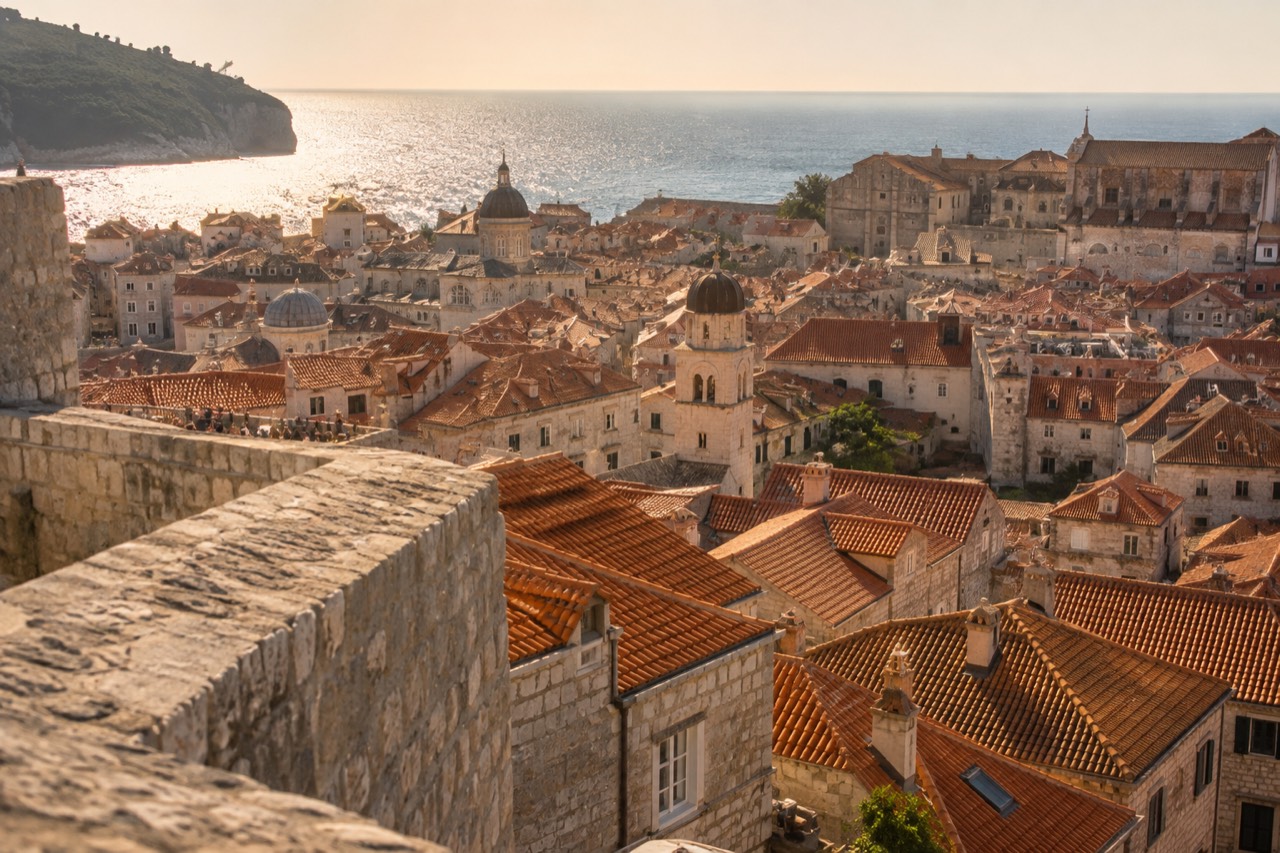 Stone buildings and terracotta roofs of Dubrovnik Old Town seen from above the city walls