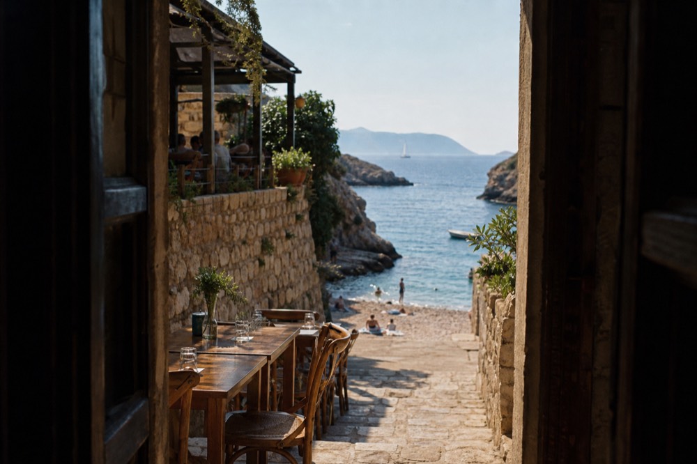A simple restaurant terrace with wooden tables set beside a stone lane in the evening