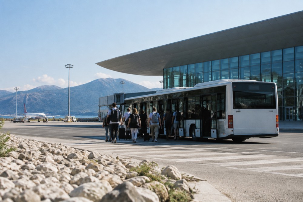 A shuttle bus at Dubrovnik Airport with the terminal building in the background